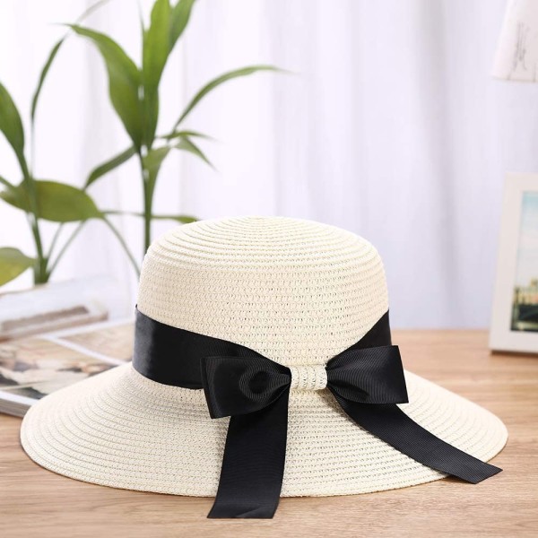 Kvinners sommerstråhatt - Fluffy Straw Hat Bowknot Bred Bremskjerm Su