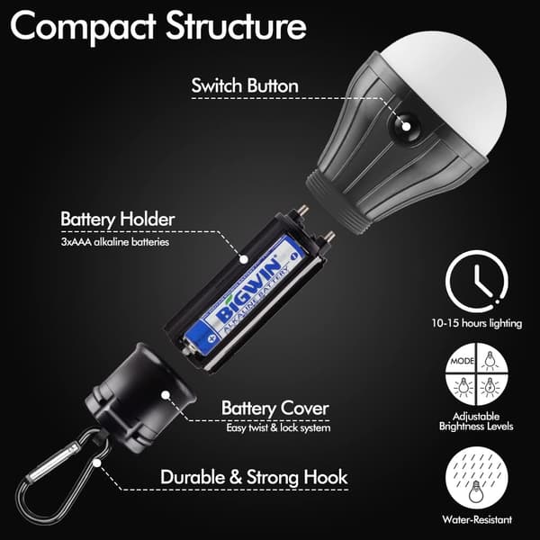 Bærbar LED-teltlampe, 4-pak, klips, krog, orkan