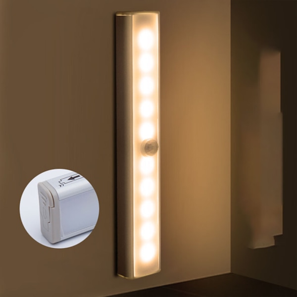 1 stk. (varmt lys lamper) 10 LED, (varmt lys) trådløs, USB genopladelig, magnetisk, bevægelsessensor, 3 lystilstande, bærbar. Skab lys, nød håndlampe, børns natlys, hjælpe lys
