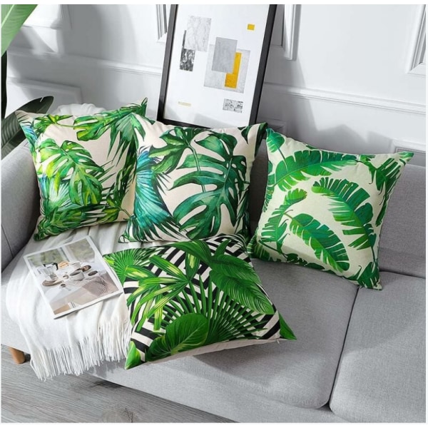 Sett med 4 vanntette grønne tropiske planter putetrekk til sofa