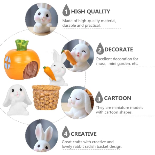 Kaninpynt, 7 stk Mini kaninfigur, påskeharegulrot