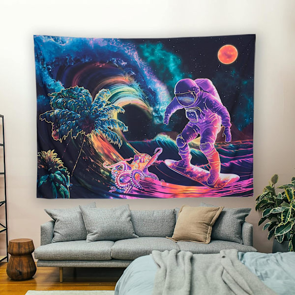 Svart ljus astronaut gobeläng 150X100CM rymdväxter bläckfisk estetisk gobeläng neon väggkonst affischer UV-reaktiv trippy gobelänger för inredning