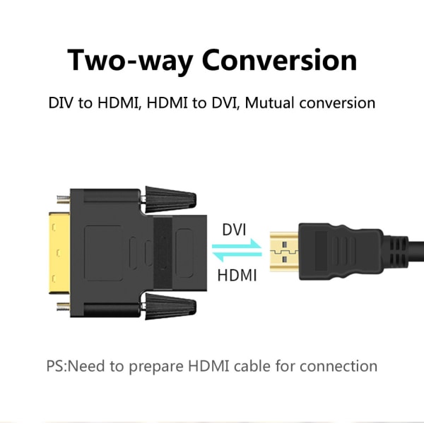 DVI till HDMI-adapter, 1080P Full HD, 2-pack, svart