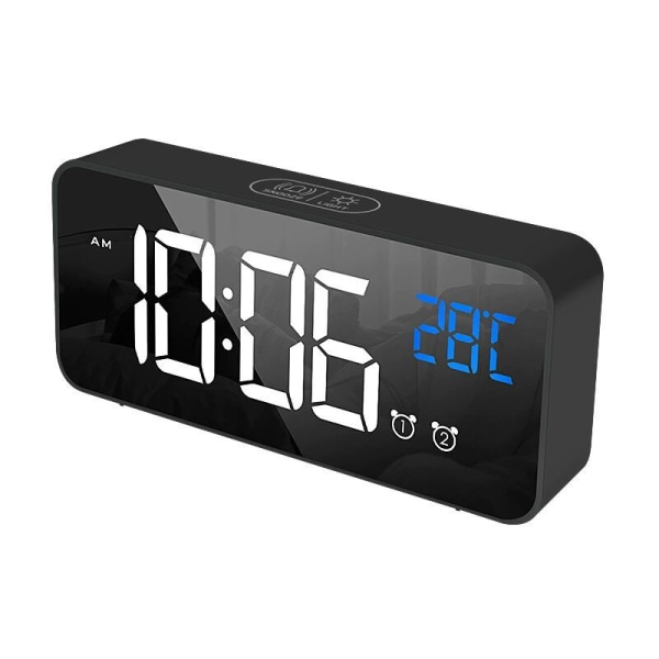 Sort-Digitalt vækkeur, LED digitalt ur Digitalt morgenvækkeur med temperatur/snooze/2 alarm/12/24 timer/USB-opladningsport/10 musik