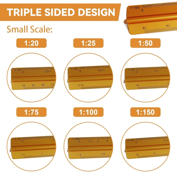 2 stk. trekantlineal 1:20, 1:25, 1:50, 1:75, 1:100, 1:125 og 1:100, 1:200, 1:250, 1:300, 1:400, 1:500 (guld) 30cm