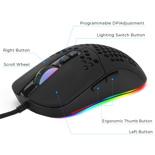 Type-C kablet lettvekts 5 RGB bakgrunnsbelyst mus 7200DPI Compute