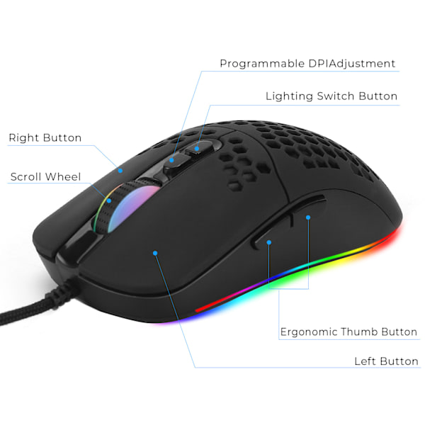 Type-C-liitäntäinen kevyt 5 RGB-taustavalaistu hiiri 7200DPI Compute