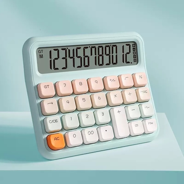 Sininen mekaaninen kytkimen laskukone, 12-numeroinen suuri LCD-näyttö ja painikkeet, sopii jokapäiväiseen elämään ja peruskäyttöön toimistossa
