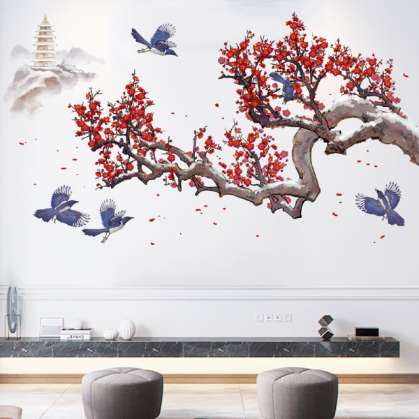 Stort Plum Blossom blekk og akvarell veggdekor stue av