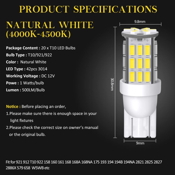 20 kpl T10 921 194 168 LED-lamput Natural White, Super Bright 3