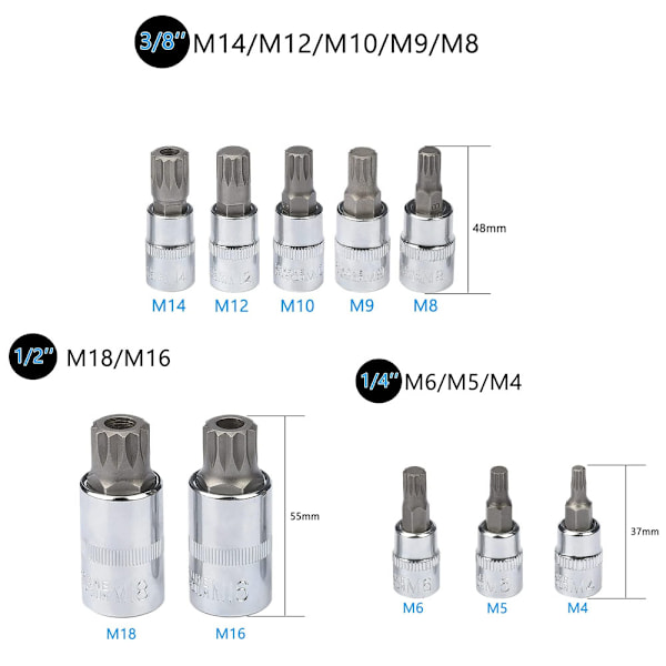 10-delt stiksæt - Triple Square Bit - M4 / M5 / M6 / M8 / M9 / M10 / M12 / M14 / M16 /