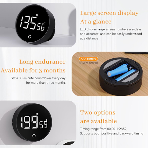Digital Kökstimer (Svart) - Visuell Timer Stor LED-Display Magnetisk Ställning Nedräkningstimer Justerbar Volym och