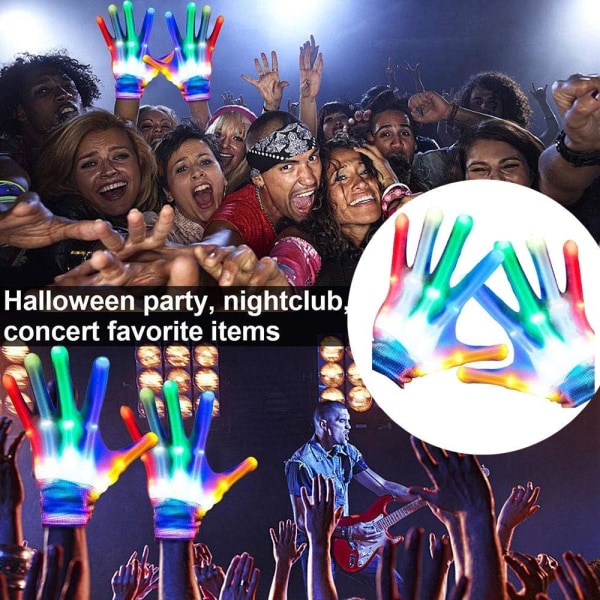 LED-hanskat, 1 pari LED-monivärisiä vilkkuvia hanskoja, vilkkuvat luurankokirjavat hanskat kirkkaat LED-hanskat, aikuisille Halloween-joulu syntymäpäivä rave-juhla lahjat