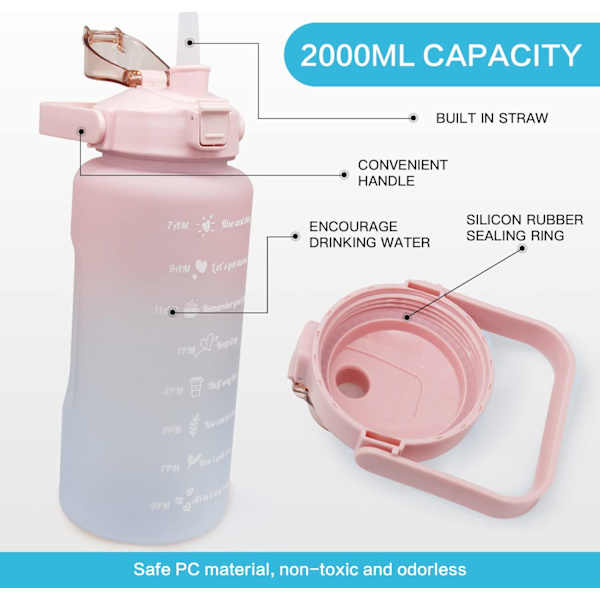 (Pink) - 2 liters vandflaske, BPA-fri, med motiverende tidsmarkering