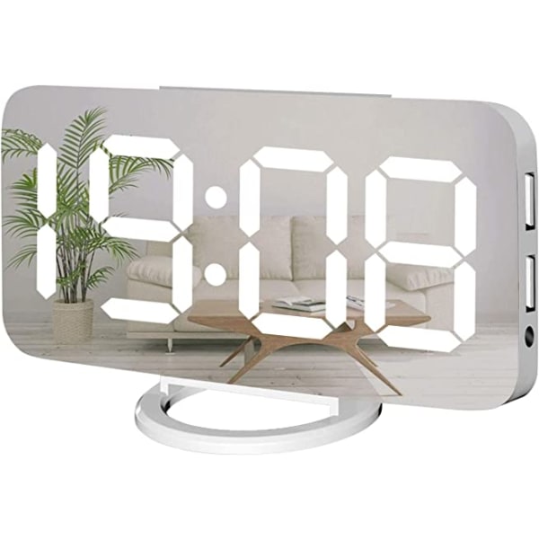 (Hvit)Digital vekkerklokke,Stor speil LED-klokke,Snooze,Dim N
