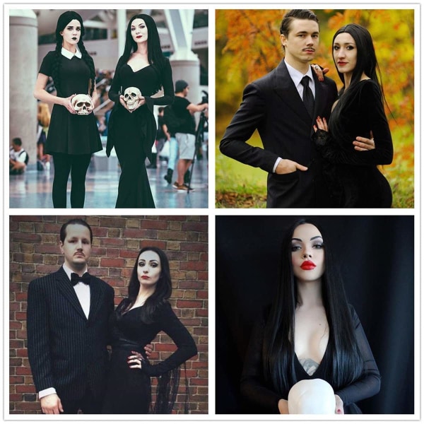 Svart Morticia Addams peruk Svart peruk för Morticia kostym Kvinnor S