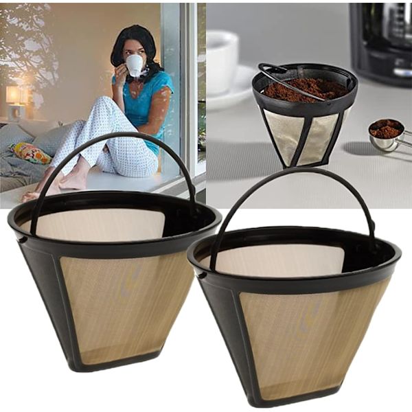 2 stk Permanent Kaffe Filter, Rustfritt Stål Filter, Gull S