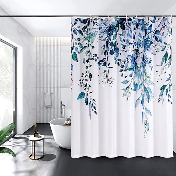 Blomster bruseforhæng med 12 kroge, vandtæt polysilicium bruseforhæng, maskinvaskbar, hurtig tørring, 180x180cm til badekar eller badeværelse (blå)