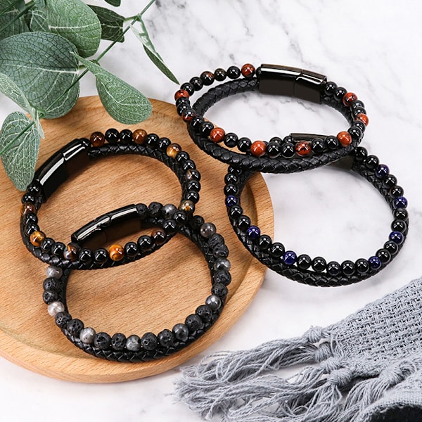 Armbånd i ekte skinn 21cm Originalt armbånd for menn Laget av 6mm naturlige steinperler og ekte skinn med Remo