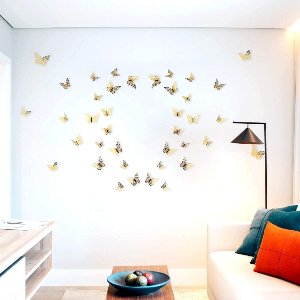Guld 48 stk 3D Sommerfugle Ornamenter Dekoration Decorative Vivid Re