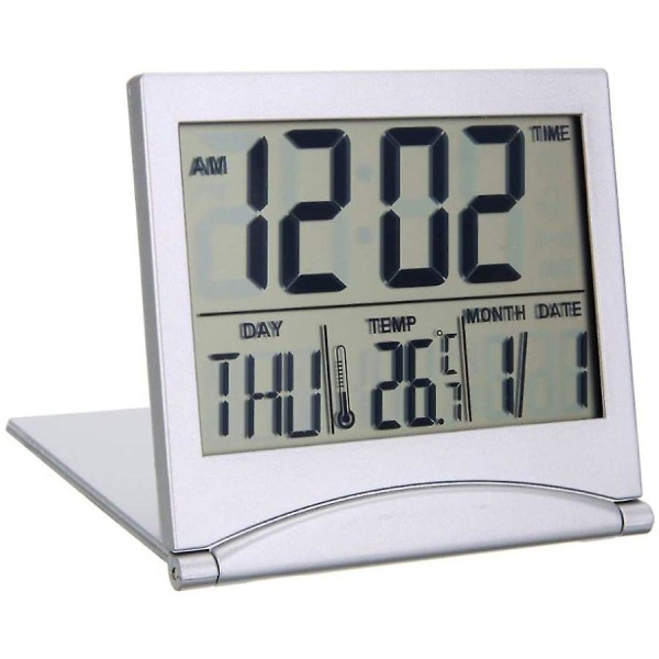 Folding Portable Desk Top Clock Silver Digital Lcd Temperatu