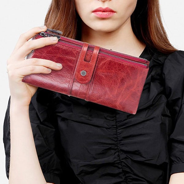 Kvinner vintage skinn lang bifold lommebok pengekortholder P