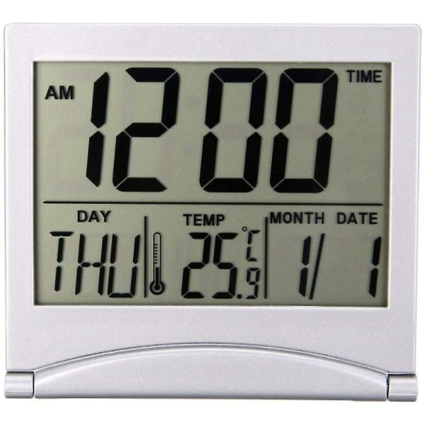 Folding Portable Desk Top Clock Silver Digital Lcd Temperatu