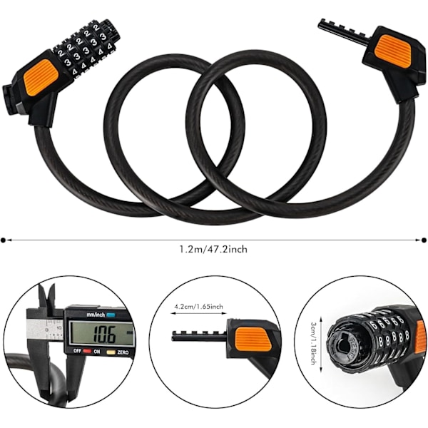 (2 Pak) Tyverisikret, Høj Sikkerhed Cykel Kabel Lås 120cm/12mm, Vandafvisende Justerbar 5-cifret Kombinationskæder til B