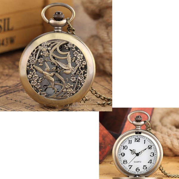 A skeletonized magpie presenting auspicious bronze pocket watch