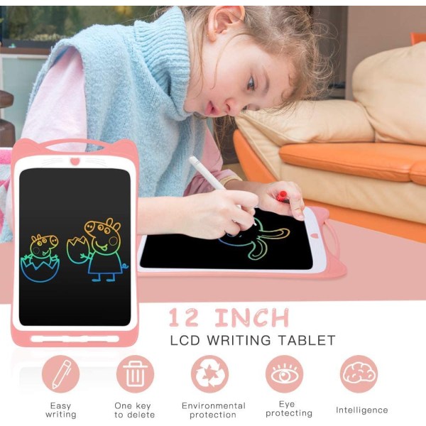12 tommers fargerikt LCD-skrivebrett for barn (rosa), elektronisk