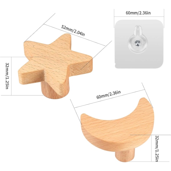 4 st väggkrokar i trä, barnens väggkrokar, väggklädhängare, självhäftande väggdekorationskrokar för garderob, kök, badrum, sovrum - stjärnor och månformade/4 st
