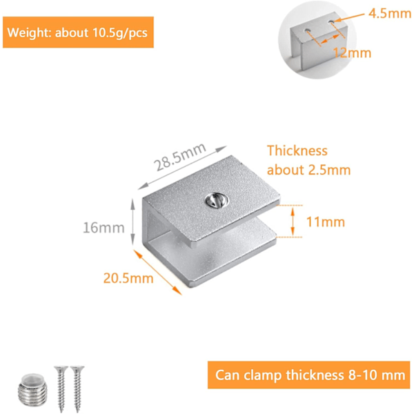 12 stk. Glassklemme, Justerbar Glasspartisjonsbrakett, 8 til 10 mm Glasshyllebrakett