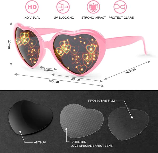 3 stk 3D spesialeffekter hjertebriller, 3D hjerter lysdiffraksjon