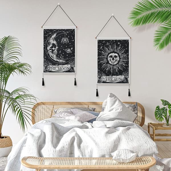 Set med 2 psykedeliska tarot-tapestrieskallar, sol och måne