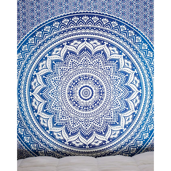Mandala blomst hængende stof 230*180cm skrabet stof (blå), p