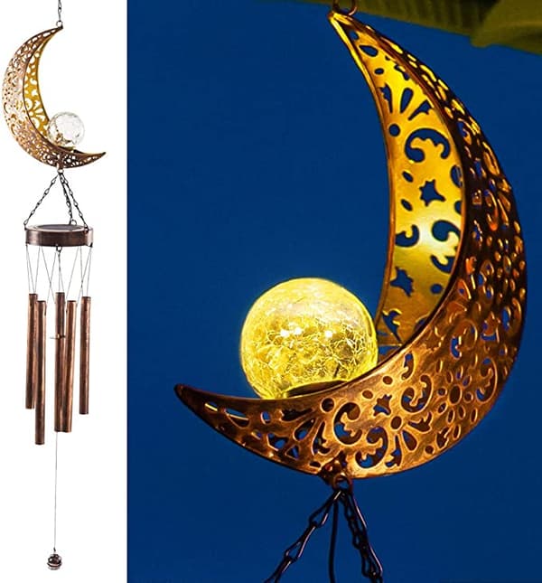 Carved Moon Wind Chime,Solar Moving LED,Moon Hanging Lights Wate