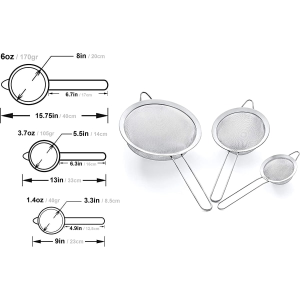 Sihæt sæt, si sæt - 304 rustfrit stål og fint net - 8\"
