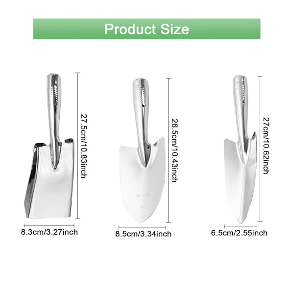 Hagesett med 3 deler, rustfritt stål hageverktøy med håndspade, spiss spade, håndgaffel og spade, holdbar