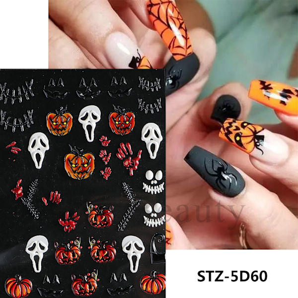 5 kynsien taidetarraa Halloween-kallohämähäkki-luut-kurpitsa