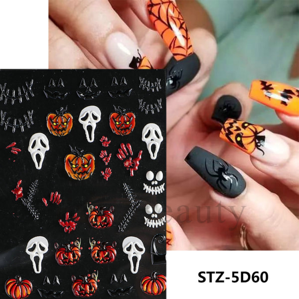 5 Nail Art Stickers Halloween Skull Spider Bones Pumpkin Emb