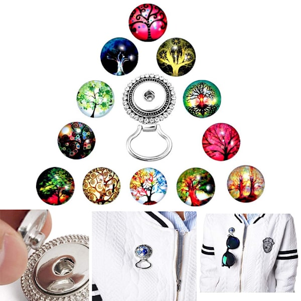 13-dels set (Diamantbrosch + 12 Livsträd-knappar) Magnetiska Glasögonhållare