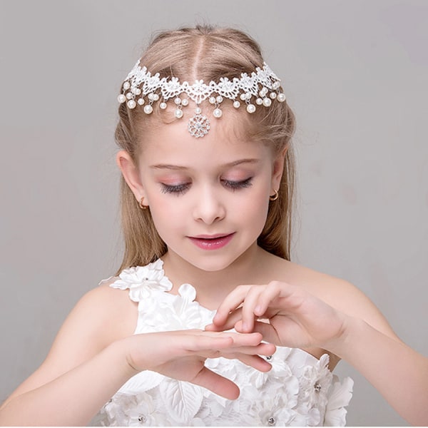 Hvit Princess Flower Hodeplagg Pearl Crystal Brudekjole W