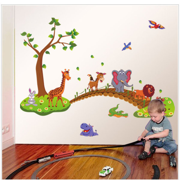 Jungle Animals Wall Decals Elephant Giraffe Lion on Bridge Wall