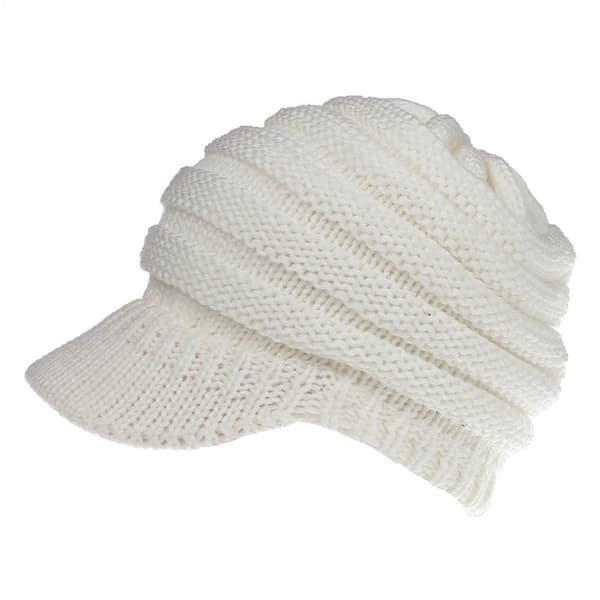 Dam Vinter Varm Stickad Hästsvansmössa Solhatt Beanie Baseballkeps-Vit