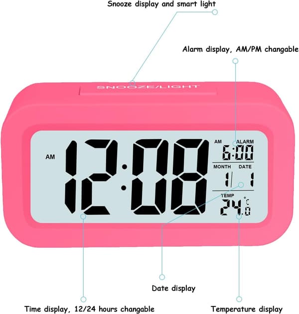 (Rose Red) LCD Digital Alarm Clock, Smart Digital Alarm Clock wit