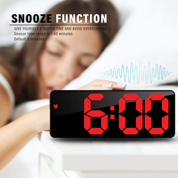 Musta digitaalinen herätyskello, 6,7" LED-peili digitaalinen kello sängyn vieressä