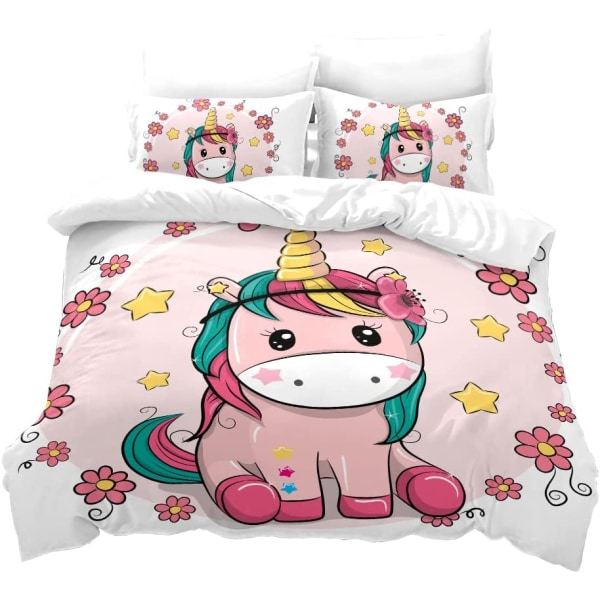 Pink sengetøjssæt 220 x 240 Unicorn voksendynebetræk med 2