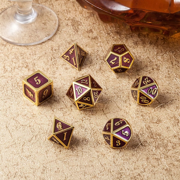 D&D Metal Dice Set, 7-osainen metalliset polyhedral-noppasetti (Tumman violetti ja kultainen numero)