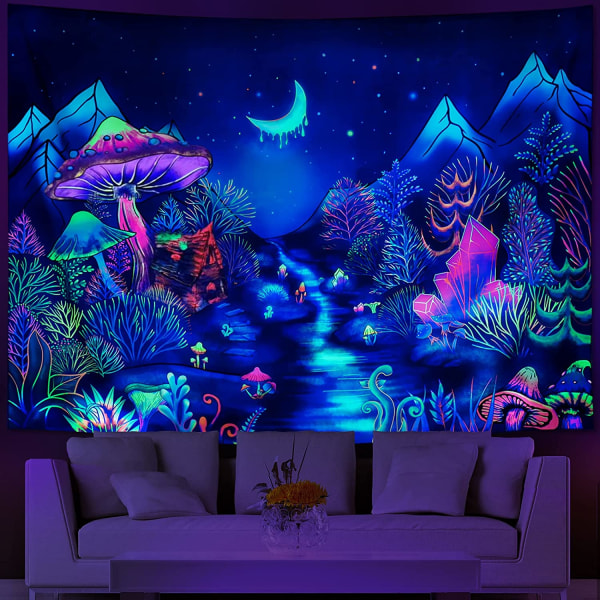 Blacklight Forest Trees Tapestry UV Reactive Mushroom Tapest