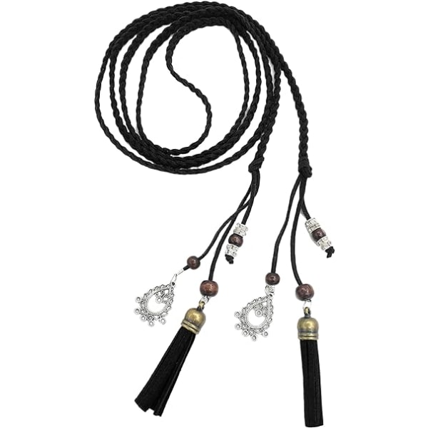 Tynt strikket PU-skinnbelte (svart) med frynser og perler retro